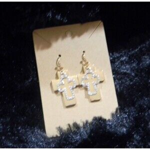 Gold tone Rhinestone Cross Earrings Fishhook NWOT